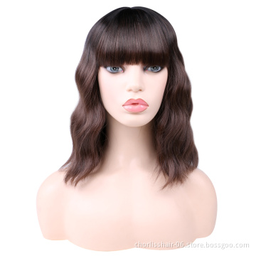 Wholesale Machine Made Water Wave Pink Wig With Bangs Cheap Cosplay Pixie Curls Short Bob Synthetic Hair Wigs With Highlights